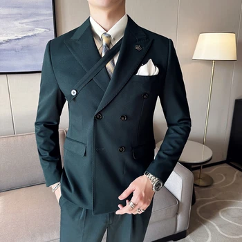 Jakna+Hlače korejski Čisto Dvojno zapenjanje bo Ustrezala Moških Slim Formalni Družbeni Business Casual Obleko Moški Poročni Ženina poročna Obleka za Obleko