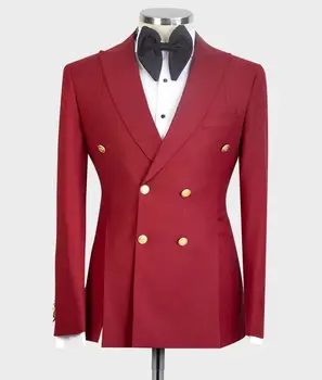 Rdeča Classic Moške Obleke Dosegla vrhunec River Dvojno Zapenjanje Tuxedos Slim Fit Hlače, Jopič 2Pcs Spredaj Split Suknjič Hlače Meri