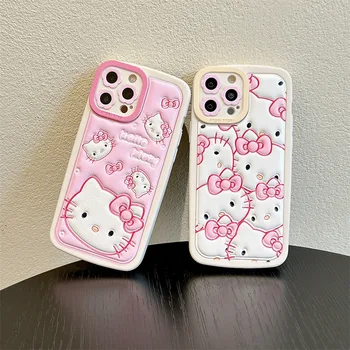 Sanrio Risanka Kawaii Hello Kitty Iphone 12 14Promax Roza Pu Mobilni Telefon za Preprečevanje padcev, Telefon Kritje Nastavite Dekle Temperament Darilo