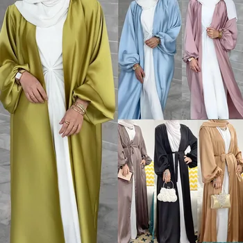 Ženske Muslimanskih Eid Saten Abaya Odprite Dubaj Turčija Mehurček Rokavi Abayas za Modno Obleko, Hidžab Islam tam kaftan Kimono Femme Musulmane