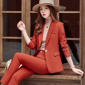 Korejski Formalno Ženske Kaki Oranžna Ženske, Poslovne Obleke, z Kompleti Delo Obrabe Urad Enovit kos 2 Velikost Hlače Komplet Jakna